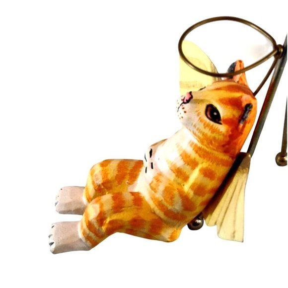 Folk Art Handcrafted Angel Cat Shelf Sitter Yellow & White With Wings 6x5.5" - Picture 3 of 13